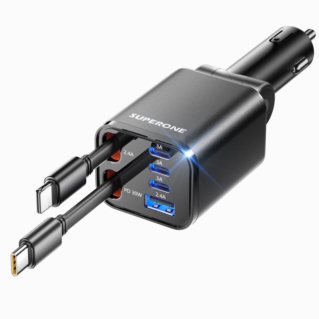69W 4-in-1 Retractable Car Charger with USB-C & Built-In Cables