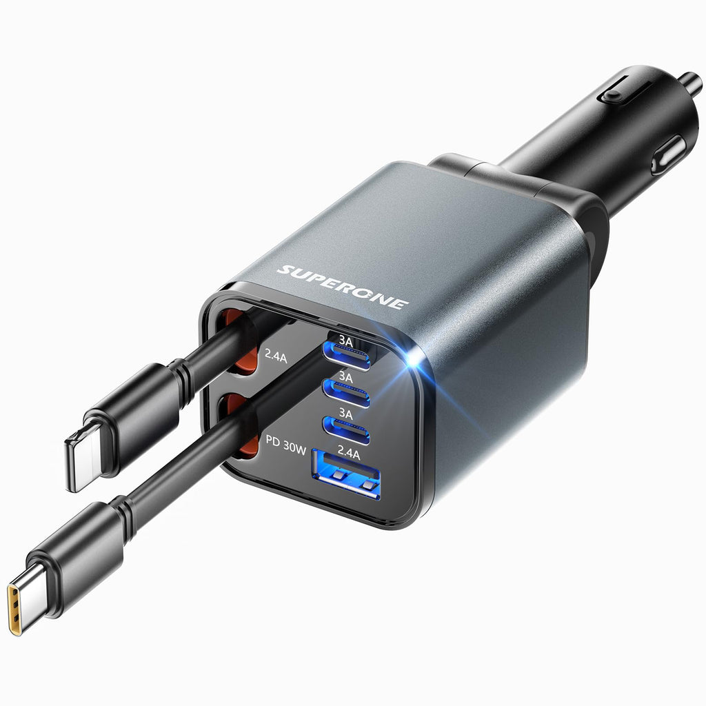 69W 4-in-1 Retractable Car Charger with USB-C & Built-In Cables