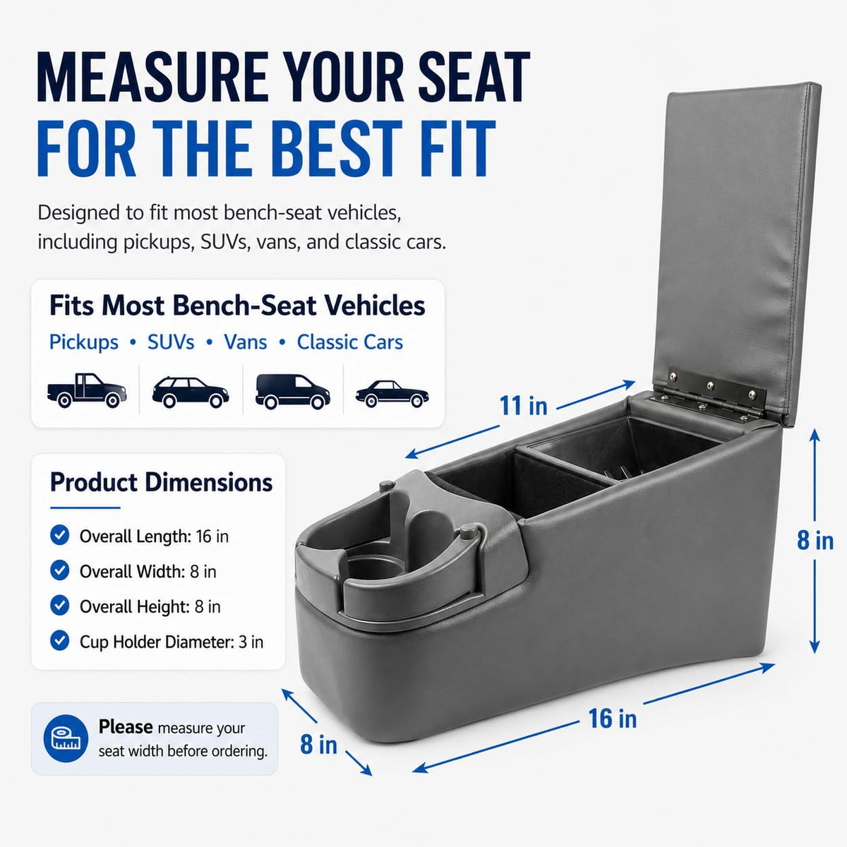 Universal Bench Seat Center Console with Storage & Dual Cup Holders