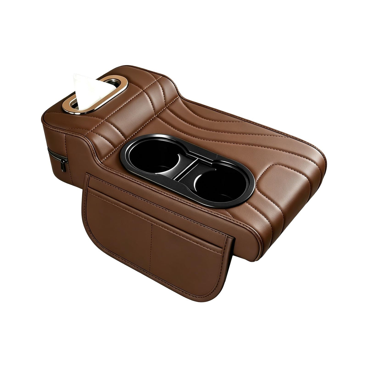 4-in-1 Leather Center Console Organizer with Dual Cup Holders & Storage Pockets