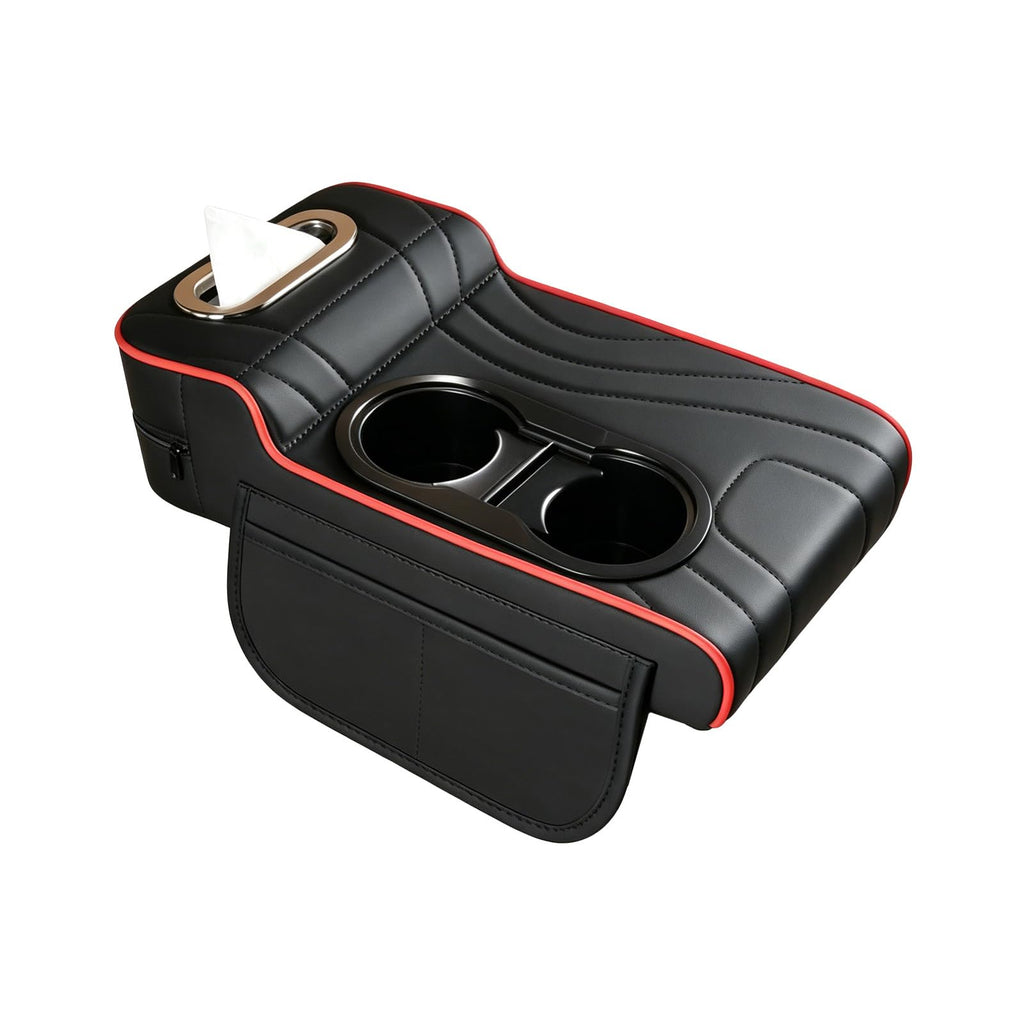 4-in-1 Leather Center Console Organizer with Dual Cup Holders & Storage Pockets