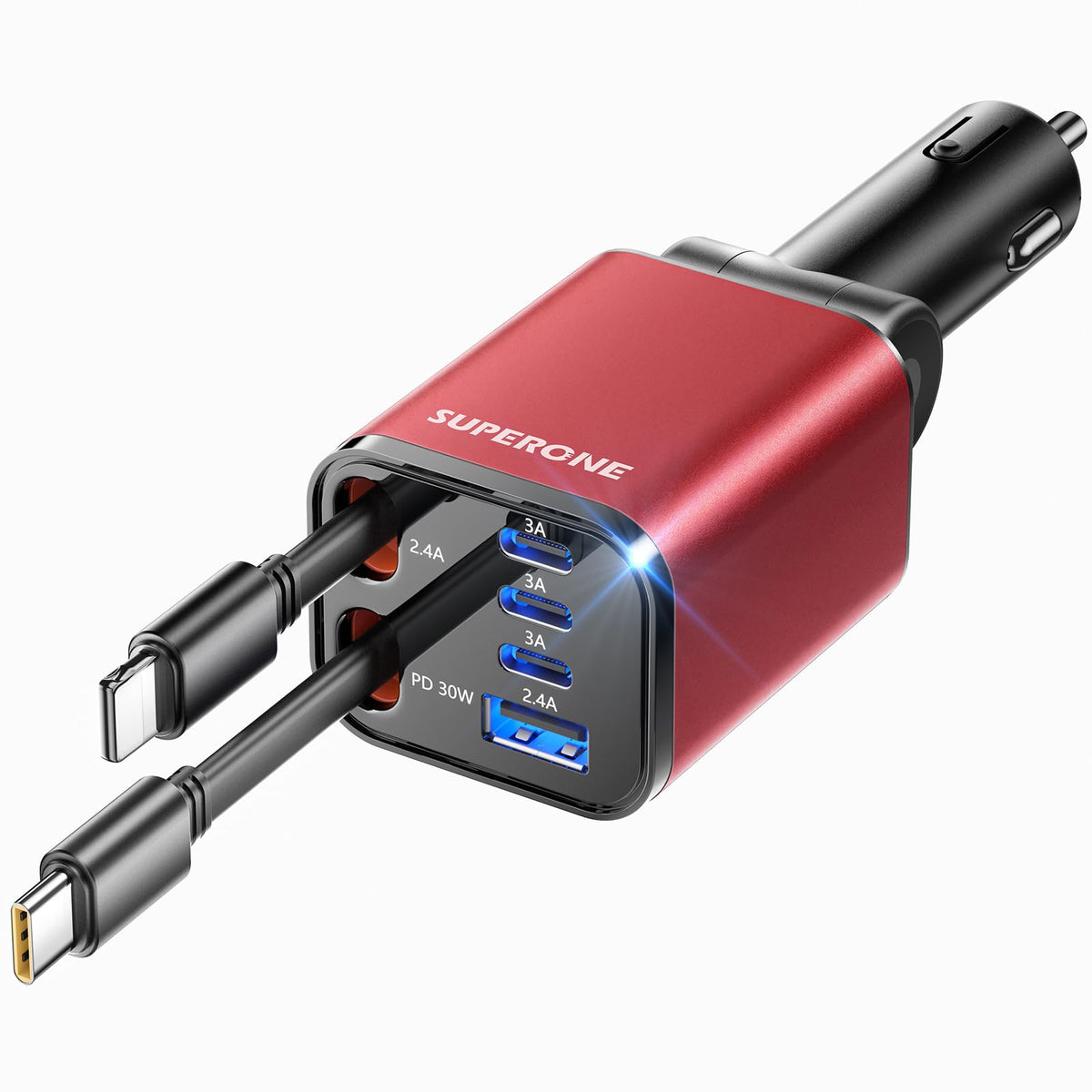 69W 4-in-1 Retractable Car Charger with USB-C & Built-In Cables