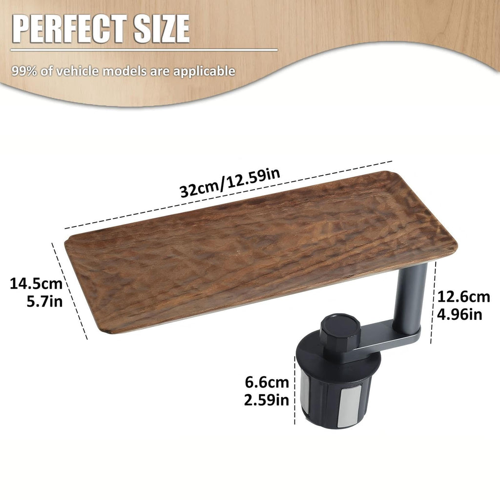 Walnut Wood Car Cup Holder Tray Table, Adjustable Arm, Raised Edge