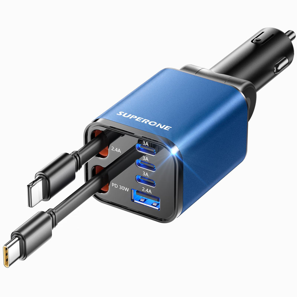 69W 4-in-1 Retractable Car Charger with USB-C & Built-In Cables