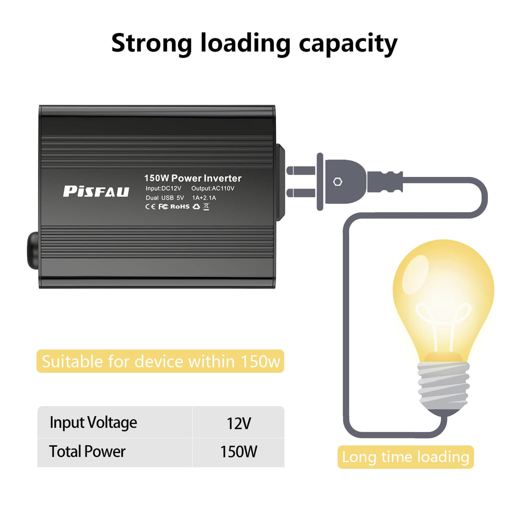 150W Car Power Inverter with AC Outlet & Dual USB Ports