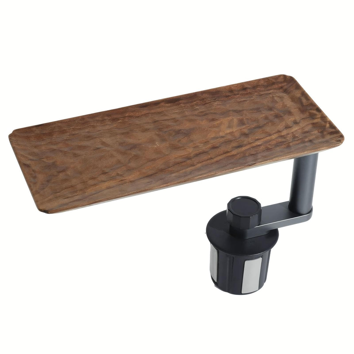 Walnut Wood Car Cup Holder Tray Table, Adjustable Arm, Raised Edge