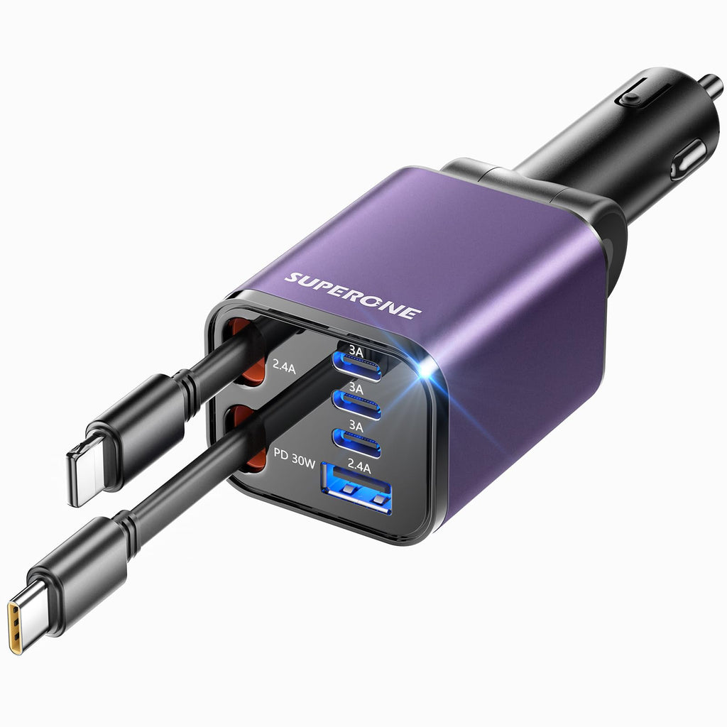 69W 4-in-1 Retractable Car Charger with USB-C & Built-In Cables