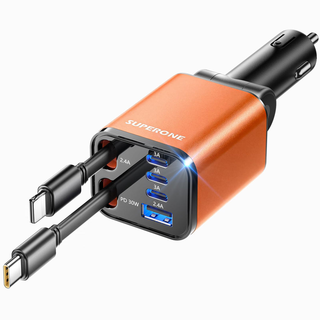 69W 4-in-1 Retractable Car Charger with USB-C & Built-In Cables