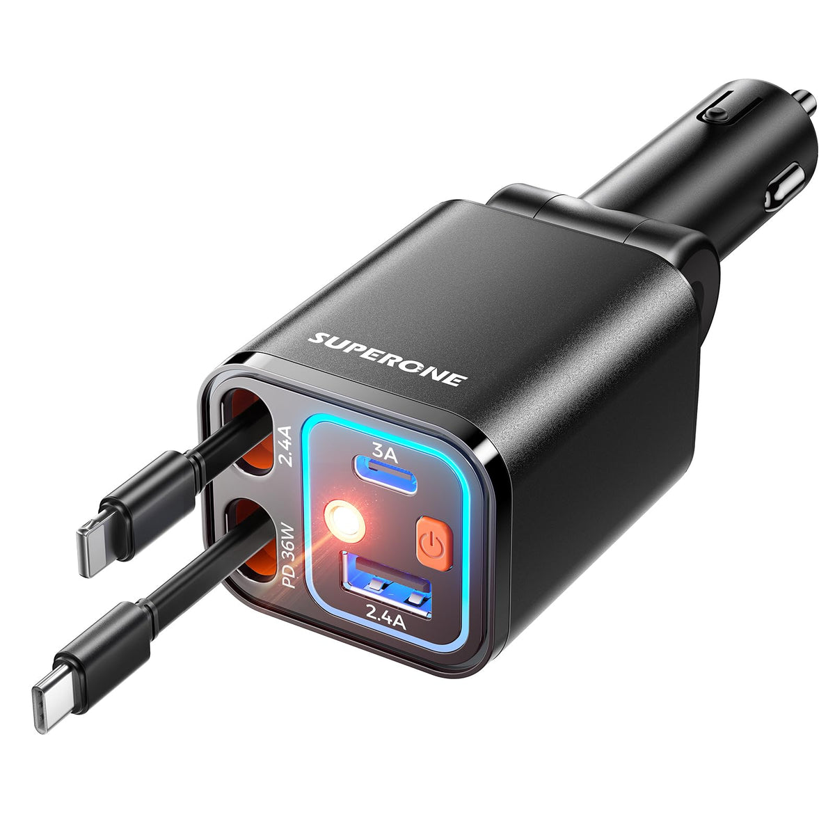 69W 4-in-1 Retractable Car Charger with USB-C & Built-In Cables