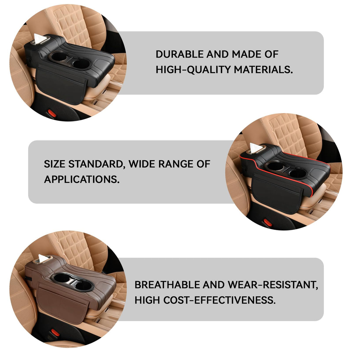 4-in-1 Leather Center Console Organizer with Dual Cup Holders & Storage Pockets