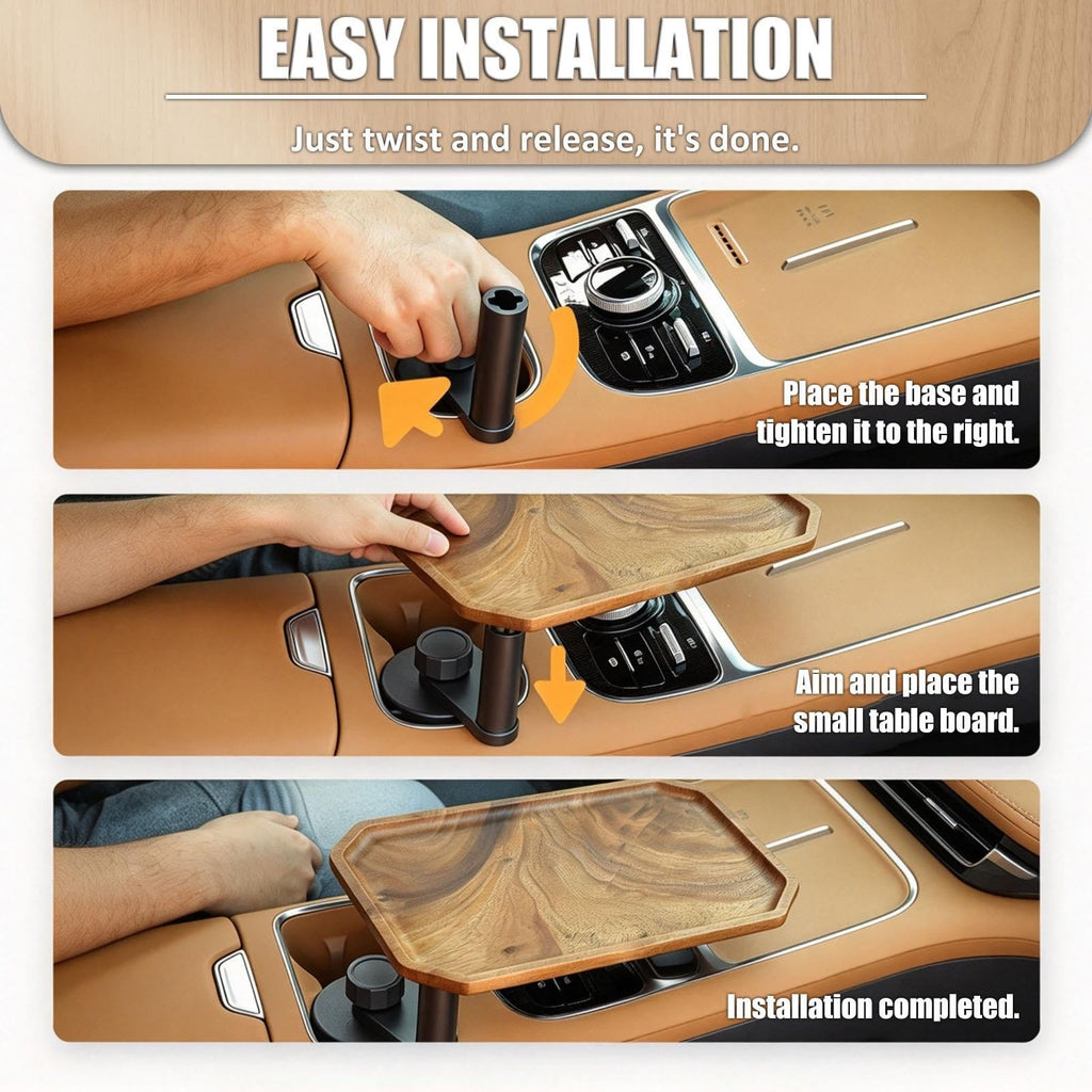 Walnut Wood Car Cup Holder Tray Table, Adjustable Arm, Raised Edge