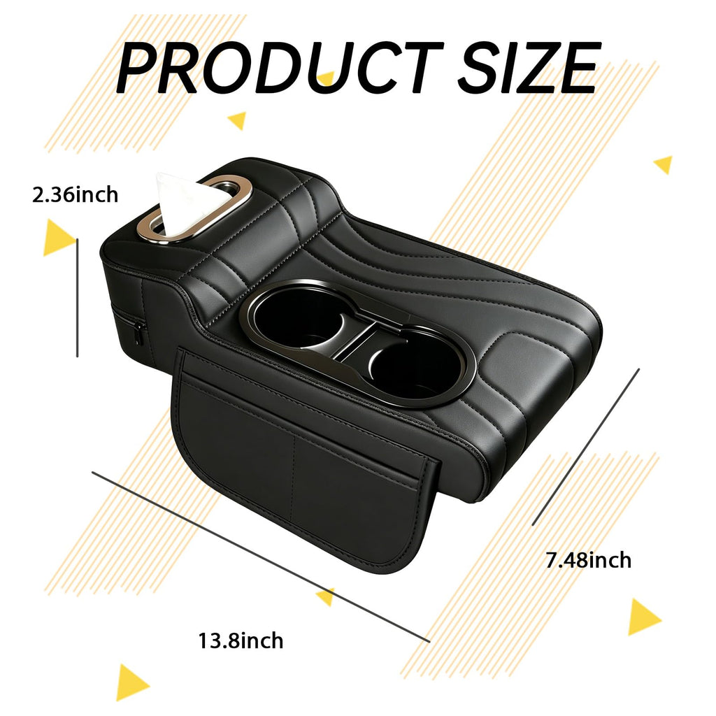 4-in-1 Leather Center Console Organizer with Dual Cup Holders & Storage Pockets