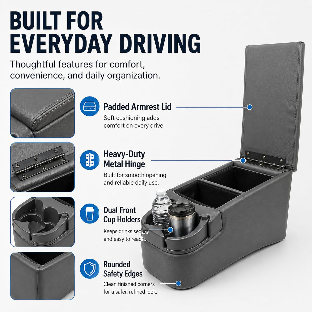 Universal Bench Seat Center Console with Storage & Dual Cup Holders