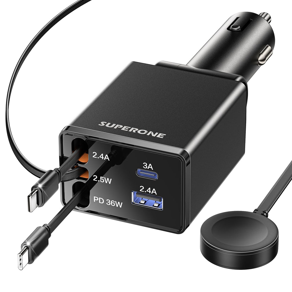 69W 4-in-1 Retractable Car Charger with USB-C & Built-In Cables