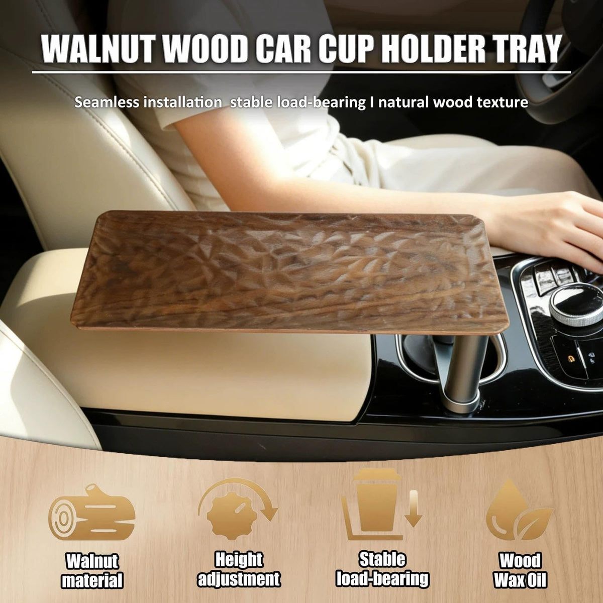 Walnut Wood Car Cup Holder Tray Table, Adjustable Arm, Raised Edge