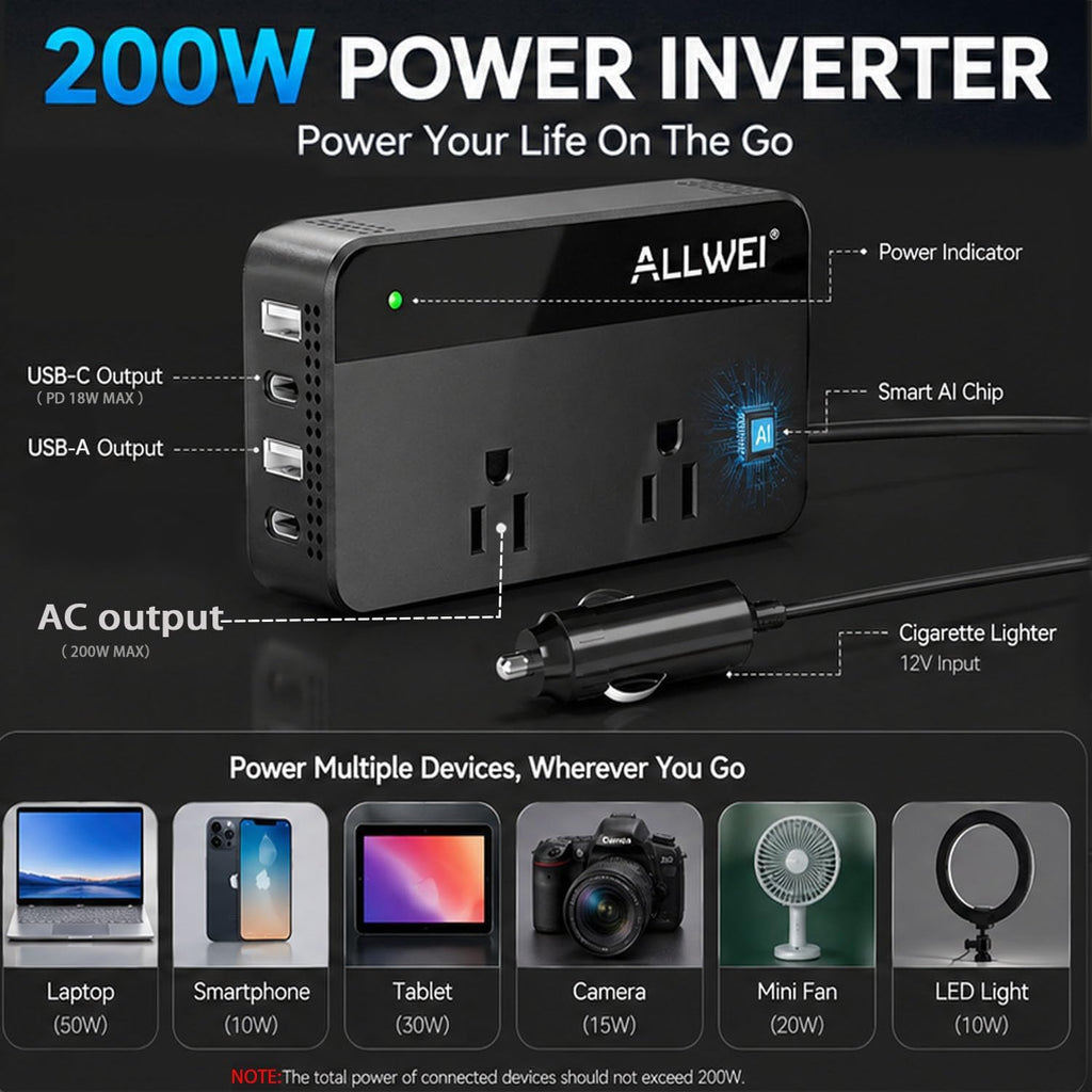 Car Power Inverter with AC Outlet & 4 USB Fast Charging Ports