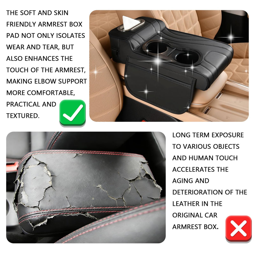 4-in-1 Leather Center Console Organizer with Dual Cup Holders & Storage Pockets