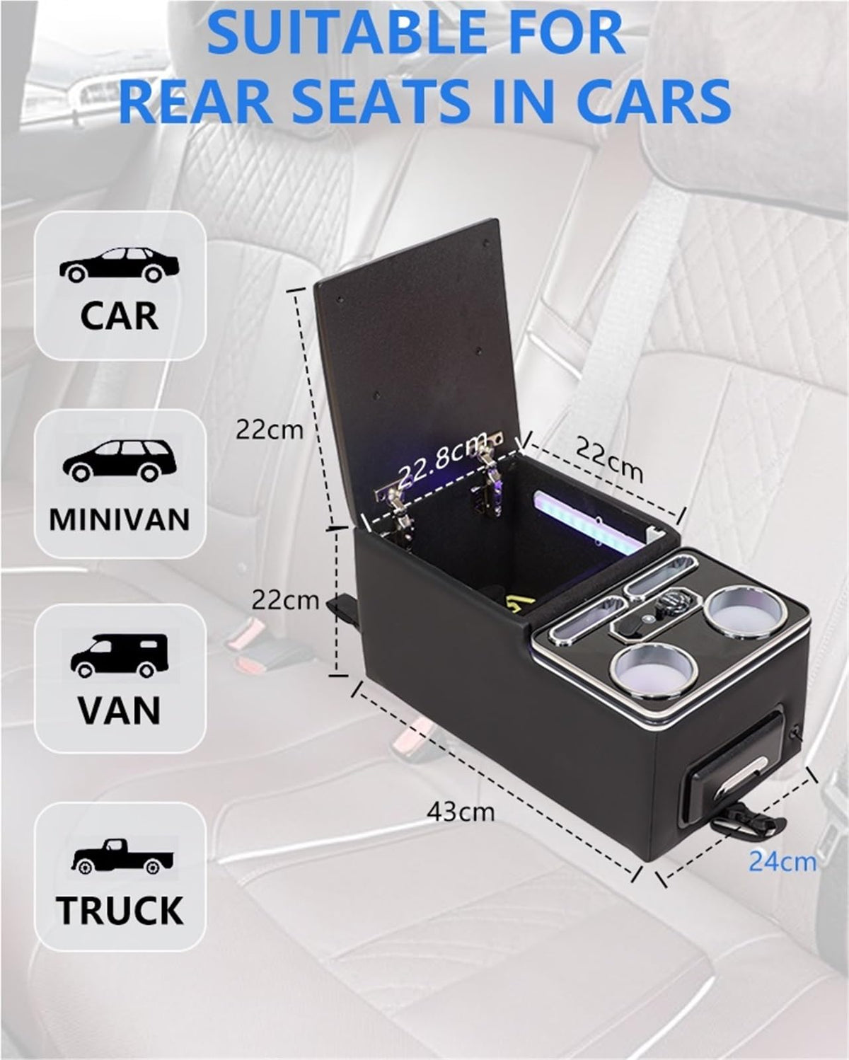Center Console Organizer with 7-Color Ambient Lighting