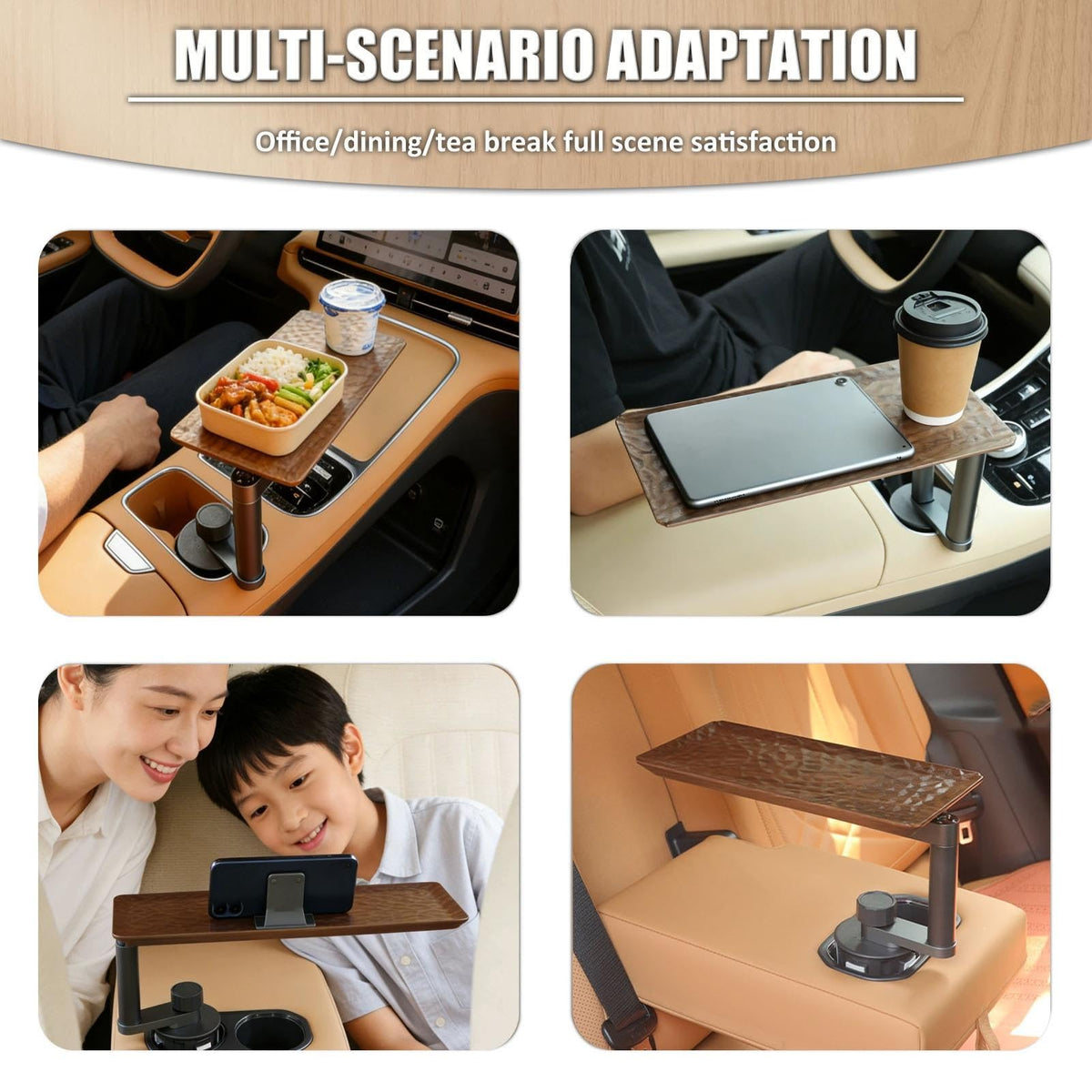 Walnut Wood Car Cup Holder Tray Table, Adjustable Arm, Raised Edge