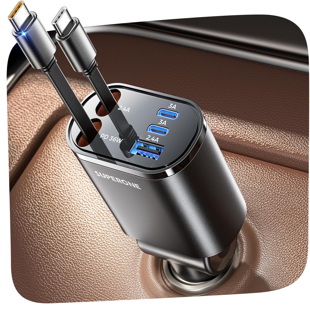 69W 4-in-1 Retractable Car Charger with USB-C & Built-In Cables