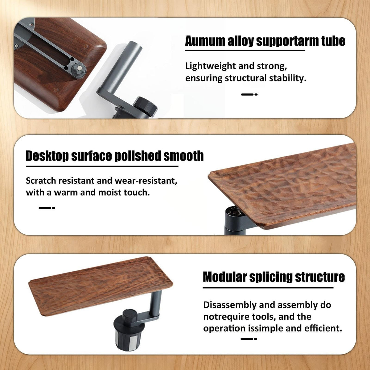 Walnut Wood Car Cup Holder Tray Table, Adjustable Arm, Raised Edge