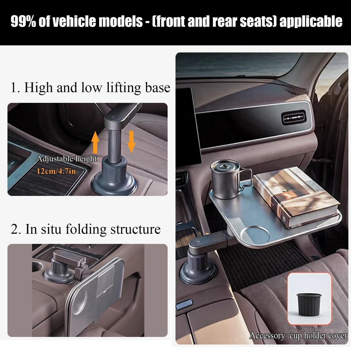 Car Cup Holder Tray with Storage，Car Desk for Laptop