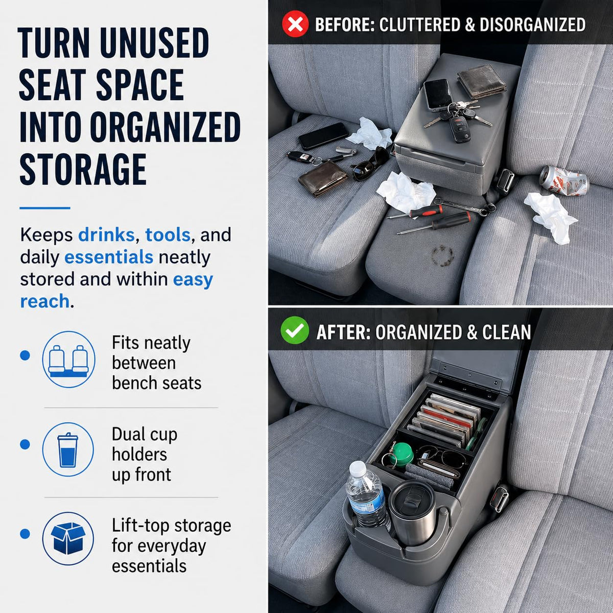 Universal Bench Seat Center Console with Storage & Dual Cup Holders