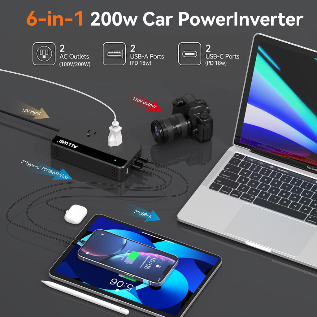 Car Power Inverter with AC Outlet & 4 USB Fast Charging Ports
