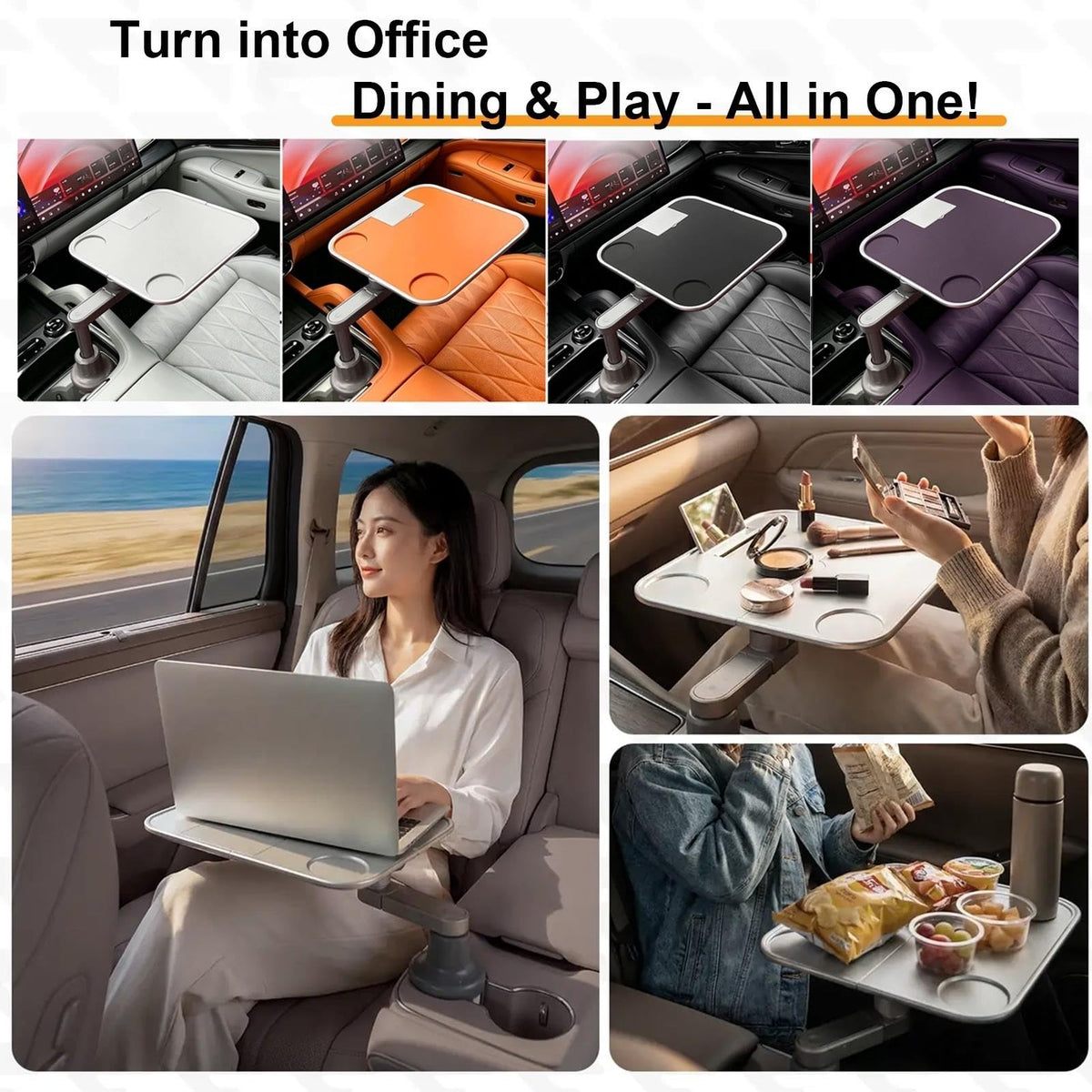Car Cup Holder Tray with Storage，Car Desk for Laptop